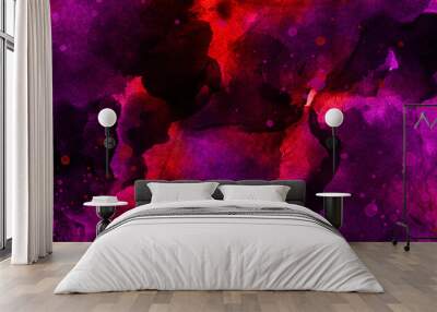 Beautiful red purple space nebula. Paper textured aquarelle canvas for modern creative design. Bright grunge magenta neon watercolor background. Abstract galaxy cosmic vivid pink background.  Wall mural