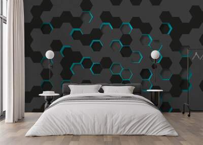 Dark technology hexagonal vector background. Abstract sky bright energy flashes under hexagon in dark technology modern futuristic background vector illustration. Gray honeycomb texture grid. Wall mural