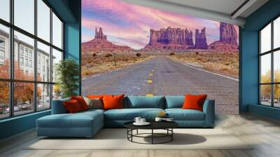 Panoramic picture along an empty road through Monument Valley Wall mural