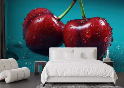 Two cherries on background with droplets on a turquoise background Generative AI Wall mural