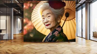 An old japanese woman dressed in the traditional geisha style wearing a kimono with a floral pattern. generative ai. Geisha Wall mural