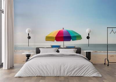 Beautiful beach banner. White sand, chairs and umbrella travel tourism wide panorama background concept. Amazing beach landscape Wall mural