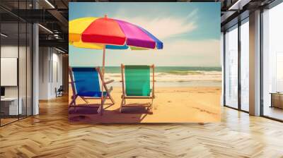 Beautiful beach banner. White sand, chairs and umbrella travel tourism wide panorama background concept. Amazing beach landscape Wall mural