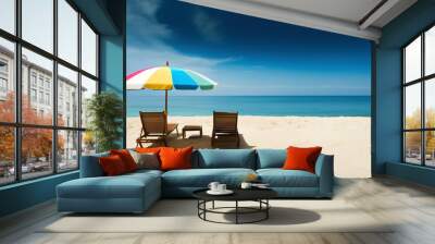 Beautiful beach banner. White sand, chairs and umbrella travel tourism wide panorama background concept. Amazing beach landscape Wall mural