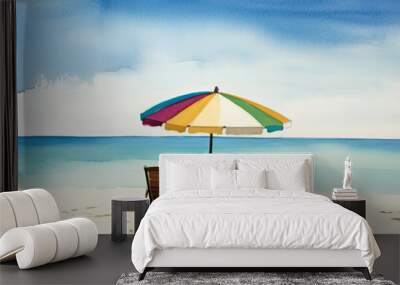 Beautiful beach banner. White sand, chairs and umbrella travel tourism wide panorama background concept. Amazing beach watercolor landscape watercolor painting Wall mural