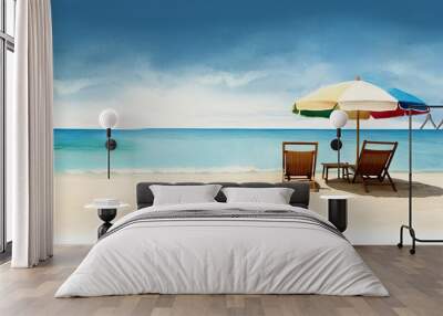 Beautiful beach banner. White sand, chairs and umbrella travel tourism wide panorama background concept. Amazing beach watercolor landscape watercolor painting Wall mural