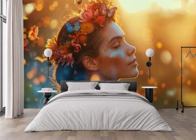 Beautiful stylish creative summer background. Spring fashion portrait of a woman with flowers and butterflies on her head and in her hair.  Female beauty concept Wall mural