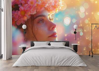 Beautiful stylish creative summer background. Spring fashion portrait of a woman with flowers and butterflies on her head and in her hair.  Female beauty concept Wall mural