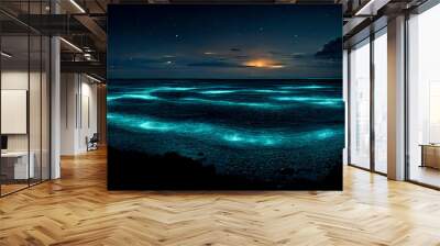 Bioluminescence. Bio luminescent ocean. Bioluminescent plankton in the sea Wall mural