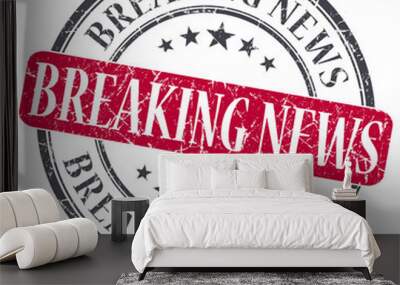 breaking news red grunge round stamp on white background Wall mural