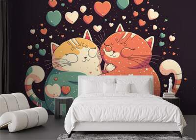 Cat love. Cat couple hugging, cudling and kissing. Valentines day card. Valentines poster. ai generated. Love background Wall mural