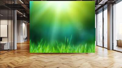 Fresh green grass background in sunny summer day. A natural spring garden background of fresh green grass for product display. generative ai. Blurred nature background Wall mural