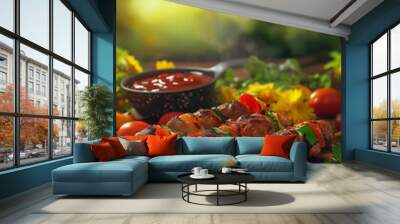 Fresh kebab and vegetables. Summer barbecue party Wall mural