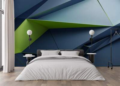 Geometric 3D triangular background. Abstract three-dimensional triangular lime green and metallic blue banner Wall mural