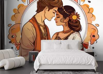 Indian couple hand-drawn comic illustration. Indian couple. Vector doodle style cartoon illustration Wall mural