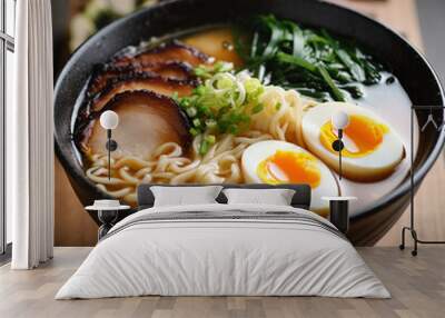 Ramen. Japanese ramen noodle soup in black bowl Wall mural