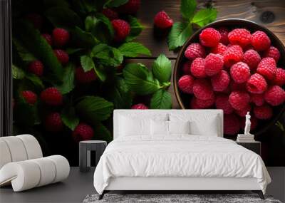 Raspberry banner. Bowl full of raspberries. Close-up food photography background Wall mural