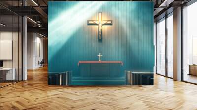 Religious background. A Churche with cross and light coming from behind. Christianity concept Wall mural