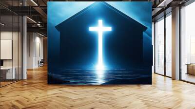 Religious background. A Churche with cross and light coming from behind. Christianity concept Wall mural