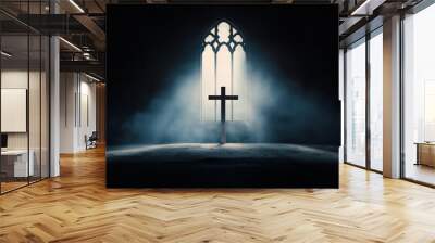 Religious background. A Churche with cross and light coming from behind. Christianity concept Wall mural