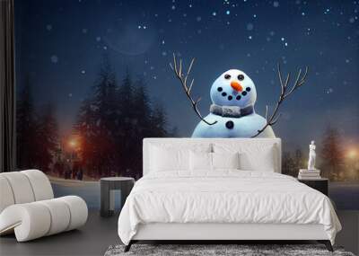 Snowman in winter christmas landscape. Snowman. Magical christmas night Wall mural