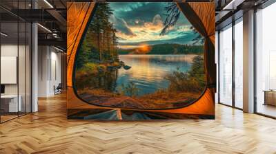 View of the wilderness from a tent. Adventure hiking and camping in the wild nature Wall mural