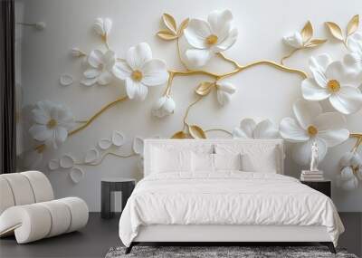 White flowers with golden leaves on white background. White and golden luxury 3d floral background Wall mural