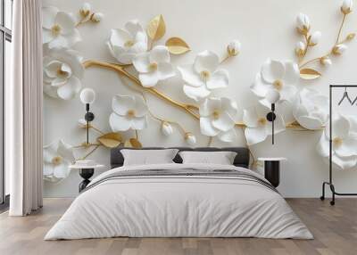 White flowers with golden leaves on white background. White and golden luxury 3d floral background Wall mural