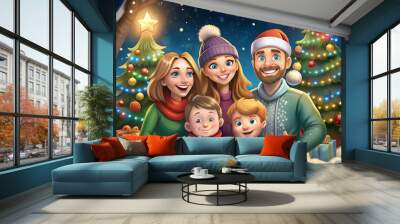 A cheerful family of a mother, father, brother and two sons celebrate Christmas, stand near decorated Christmas trees with lights in a drawn style Wall mural