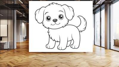 Coloring picture of a cute little fluffy puppy with big eyes, on a white background Wall mural