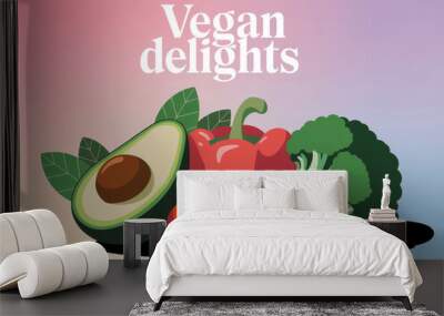 Vegan delights: fresh avocado, peppers, broccoli, and tomatoes on gradient background Wall mural