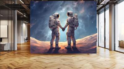 Astronaut couple holding each other's hands on space sky background, digital art style, illustration painting Wall mural