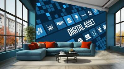 Digital asset concept image with business icons and copyspace. Wall mural