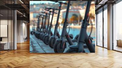 Black Electric Scooters Parked in a Row by a Waterfront Wall mural