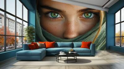 Close-up Portrait of a Young Woman with Green Eyes Wall mural