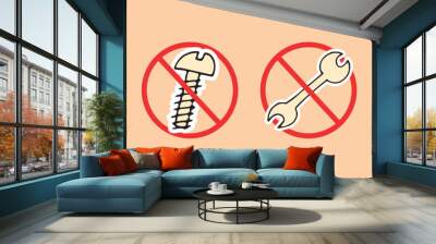 tools. wrench. the ban on tools. You cannot use construction tools. a hammer. ruler. the icon. vector. doodle style. saw. roulette. gloves. Wall mural