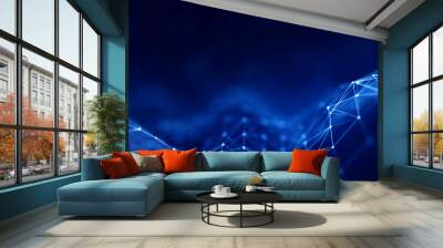 Abstract concepts of cybersecurity technology and digital data protection. Protect internet network connection with polygons, dots and lines with dark blue background, center focus, side blur. Wall mural