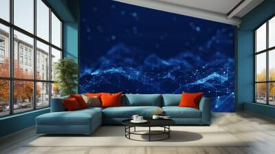 Abstract concepts of cybersecurity technology and digital data protection. Protect internet network connection with polygons, dots and lines with dark blue background, center focus, side blur. Wall mural