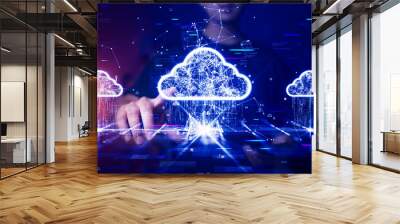 Cloud and edge computing technology concept with cybersecurity data protection system. People choose cloud computing services to upload and store document files of various sizes as needed. Wall mural