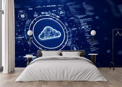 Cloud and edge computing technology concepts with cybersecurity data protection. Icons and polygons are connected inside the prominent cloud on the left HUD circle. binary code on dark blue background Wall mural