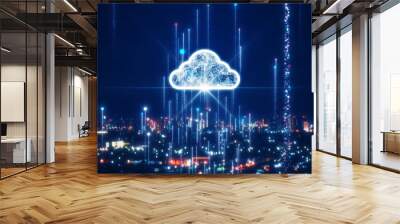 Cloud and edge computing technology data transfer concept. Dark and blurry night cityscape It has a large cloud icon in the middle. Particles float on a dark blue background. Wall mural