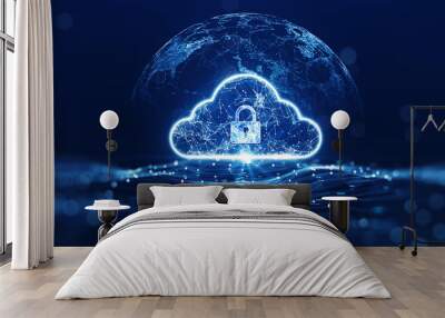 cloud computing technology concept transfer database to cloud. There is a large cloud icon that stands out in the center of the abstract world above the polygon with a dark blue background. Wall mural