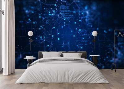 Concept background Digital Technology. Cybersecurity data protection has binary fractal lightning code. dark blue background. Wall mural