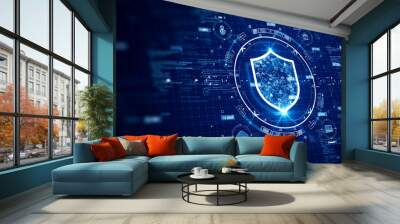 cybersecurity data protection digital technology concept internet network connection. Icons and polygons are connected inside the prominent shield on the right. binary code on dark blue background. Wall mural