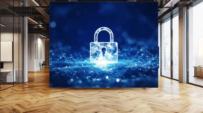 cybersecurity information protection technology concept There is a large padlock in the middle. Small padlock binary polygons are connected to the center focus. Outer blur with dark blue background. Wall mural