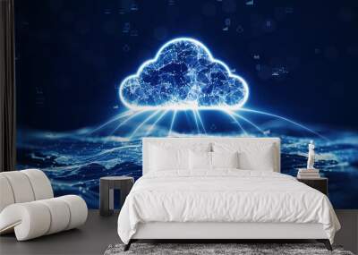 data transfer cloud computing technology concept. There is a large prominent cloud icon in the center with internal connections. and small icon on abstract world map polygon with dark blue background. Wall mural