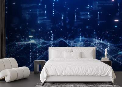 Digital information technology concept. Cybersecurity and protection system from online crime threats. Data Analytics or Data Science. Binary code polygons connected on dark blue background. Wall mural