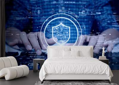 digital technology concept cyber security data protection internet network connection. Man accessing a computer device with a protective shield against cyber threats. polygon on dark blue background. Wall mural