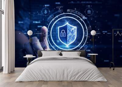 digital technology concept cyber security data protection internet network connection. Man accessing a computer device with a protective shield against cyber threats. polygon on dark blue background. Wall mural