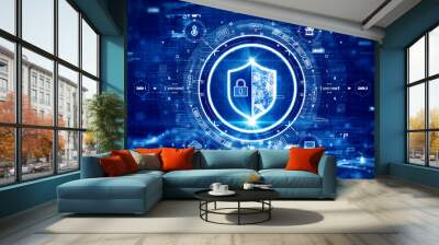 digital technology concept cyber security data protection internet network connection. prominent shield in the middle of the HUD. Binary code connects polygons on dark blue background. Wall mural